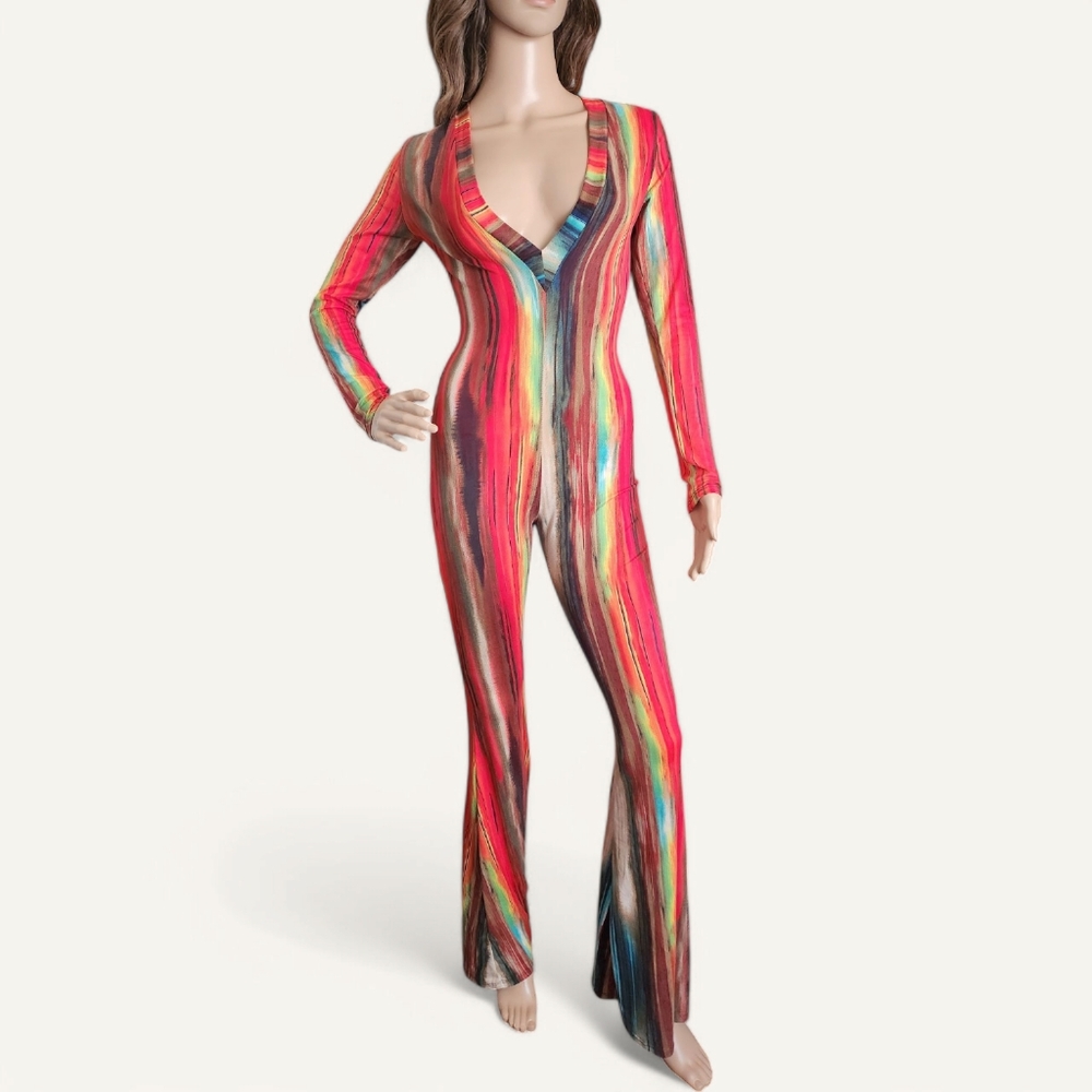 Fashion Nova Multicolored Work Of Art Bell Bottom Jumpsuit S